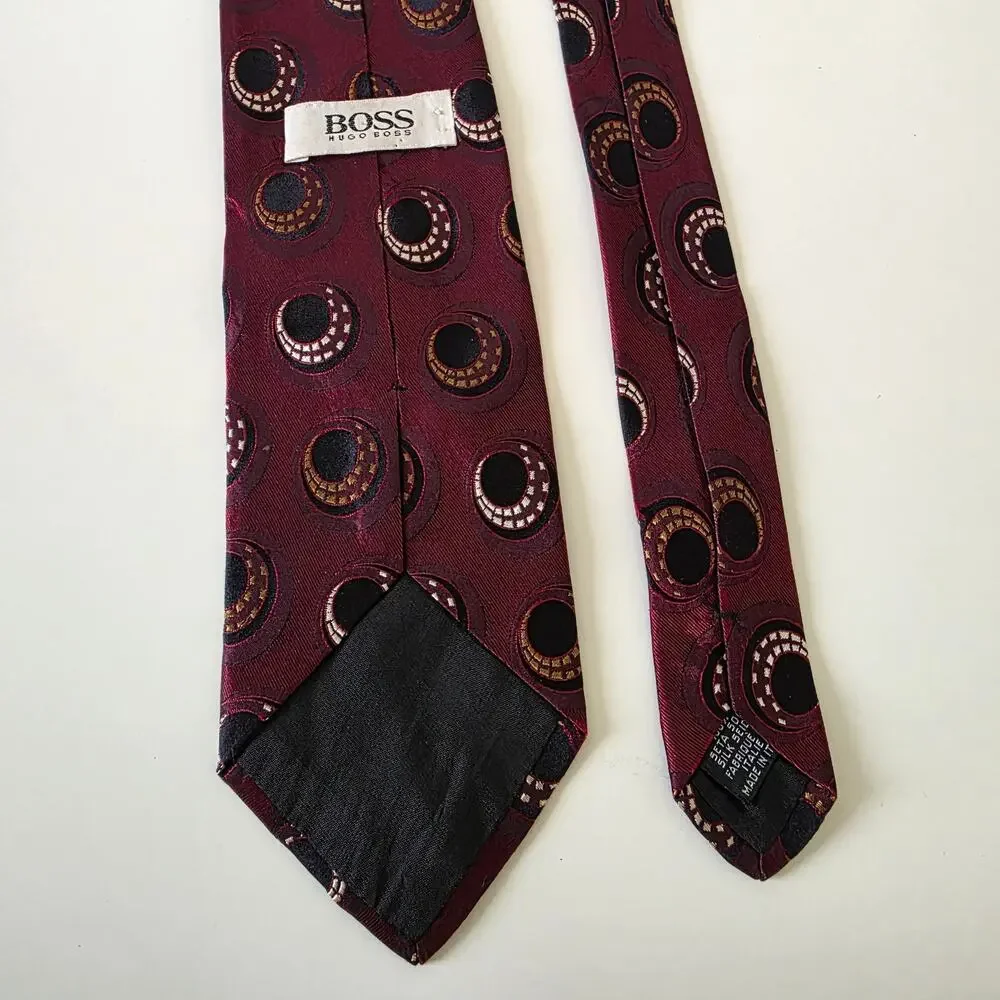 Hugo Boss Silk Tie Burgundy Geometric Circle Pattern Italy Designer Neck Tie
